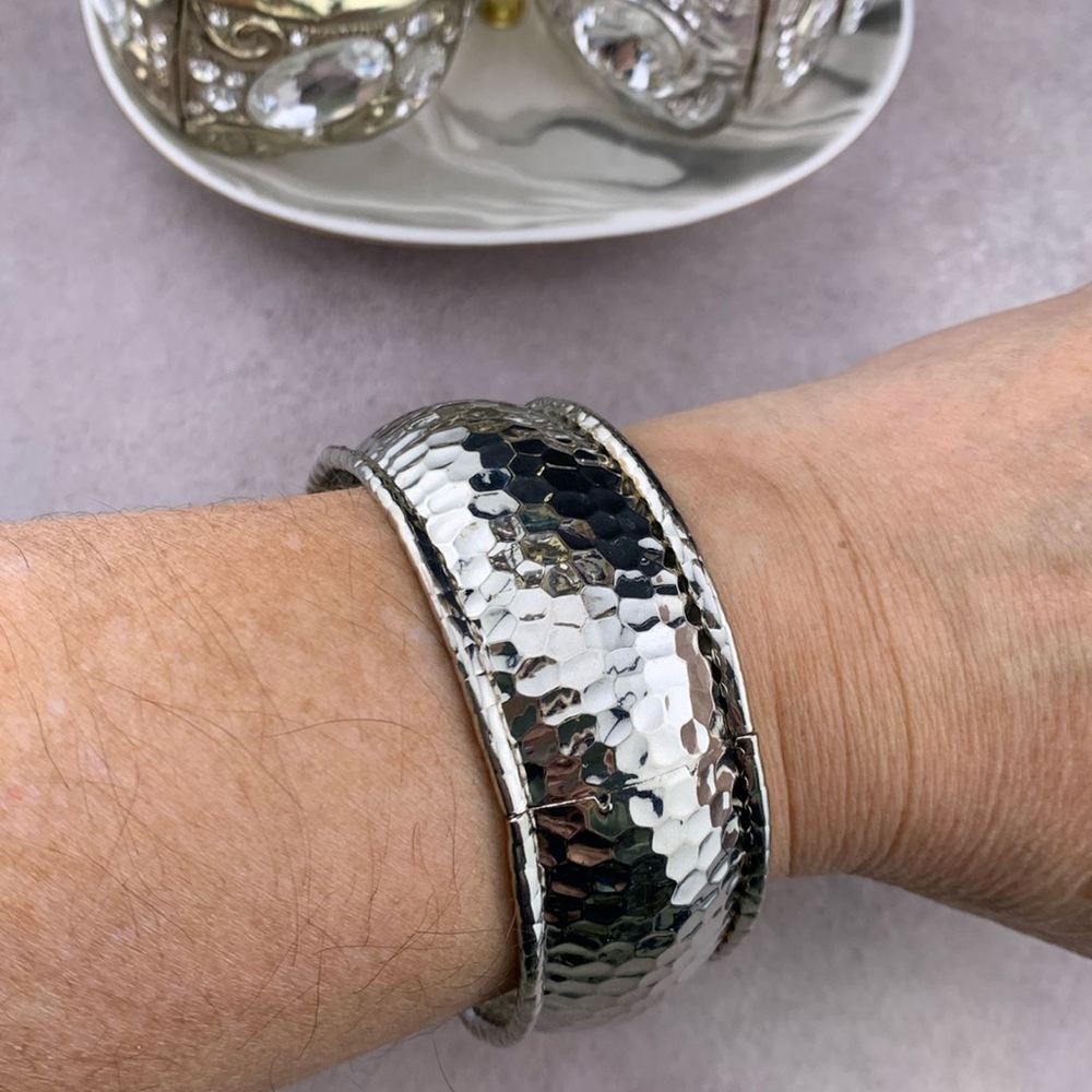 Silver Tone Hammered Thick Band Cuff Bracelet